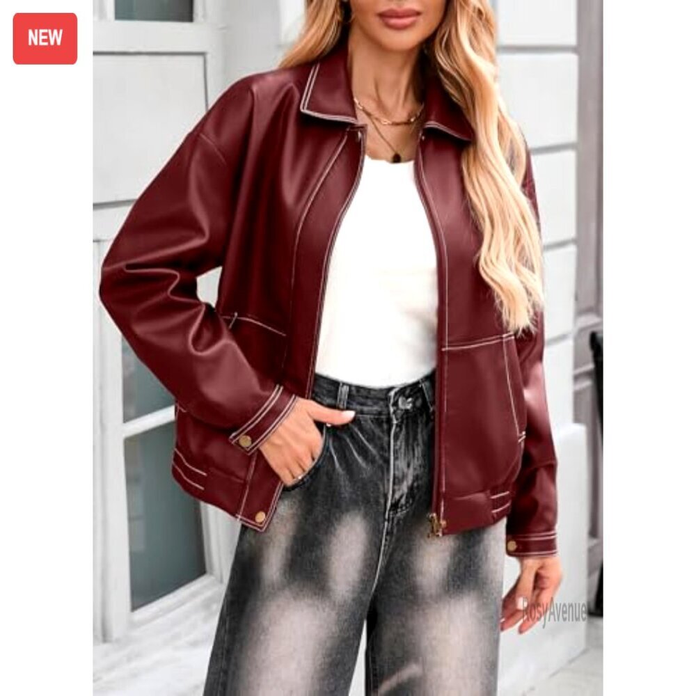 Faux Leather Motorcycle Jacket Oversized Bomber Zip Up Fall Winter Coat - Picture 4 of 5